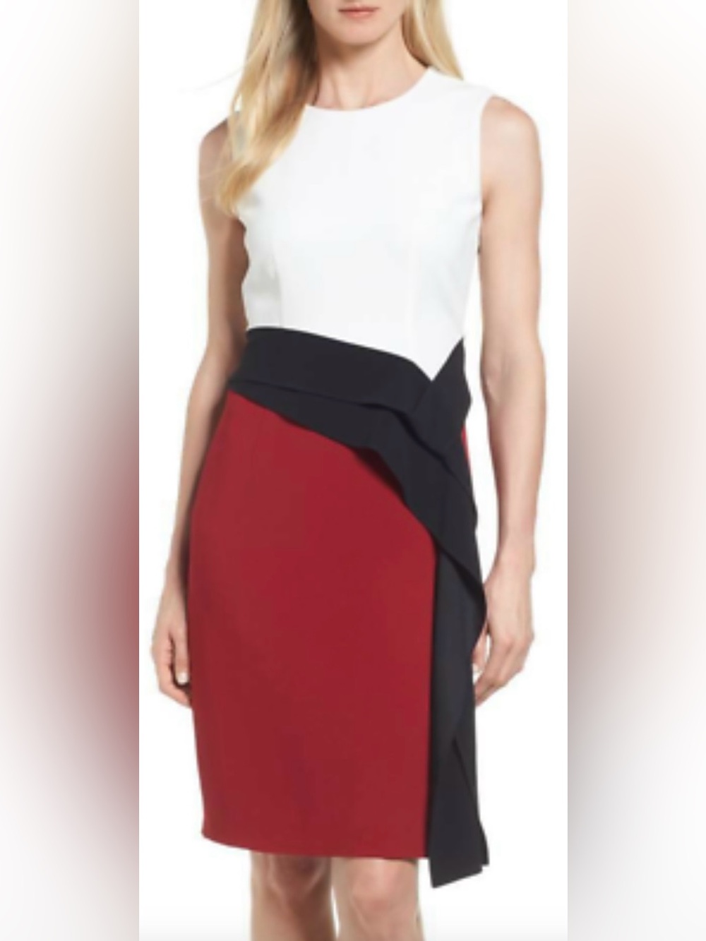 Hugo Boss Sleeveless Colorblock Midi Dress in White, Black & Red, Sz: 4
